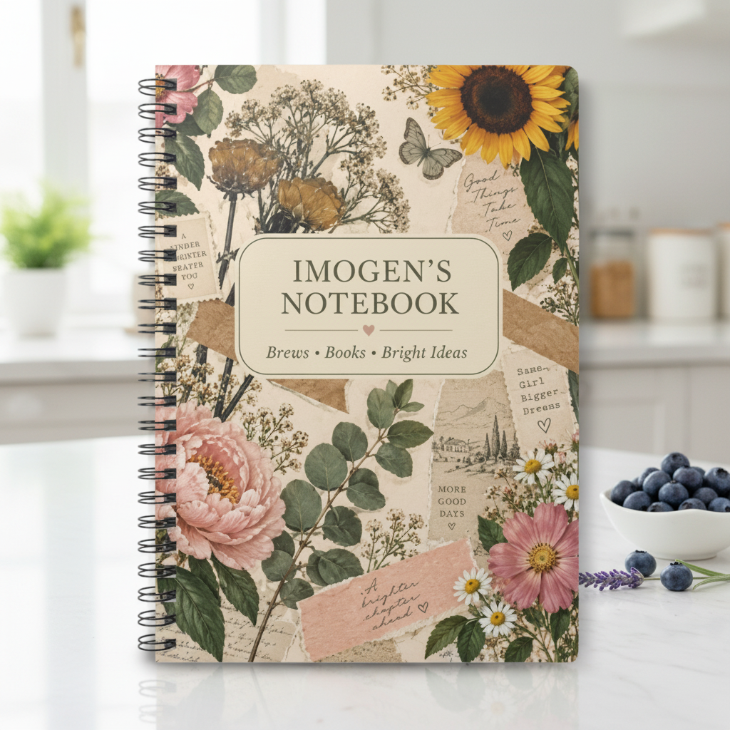Premium mockup of the Imogen notebook on a kitchen table