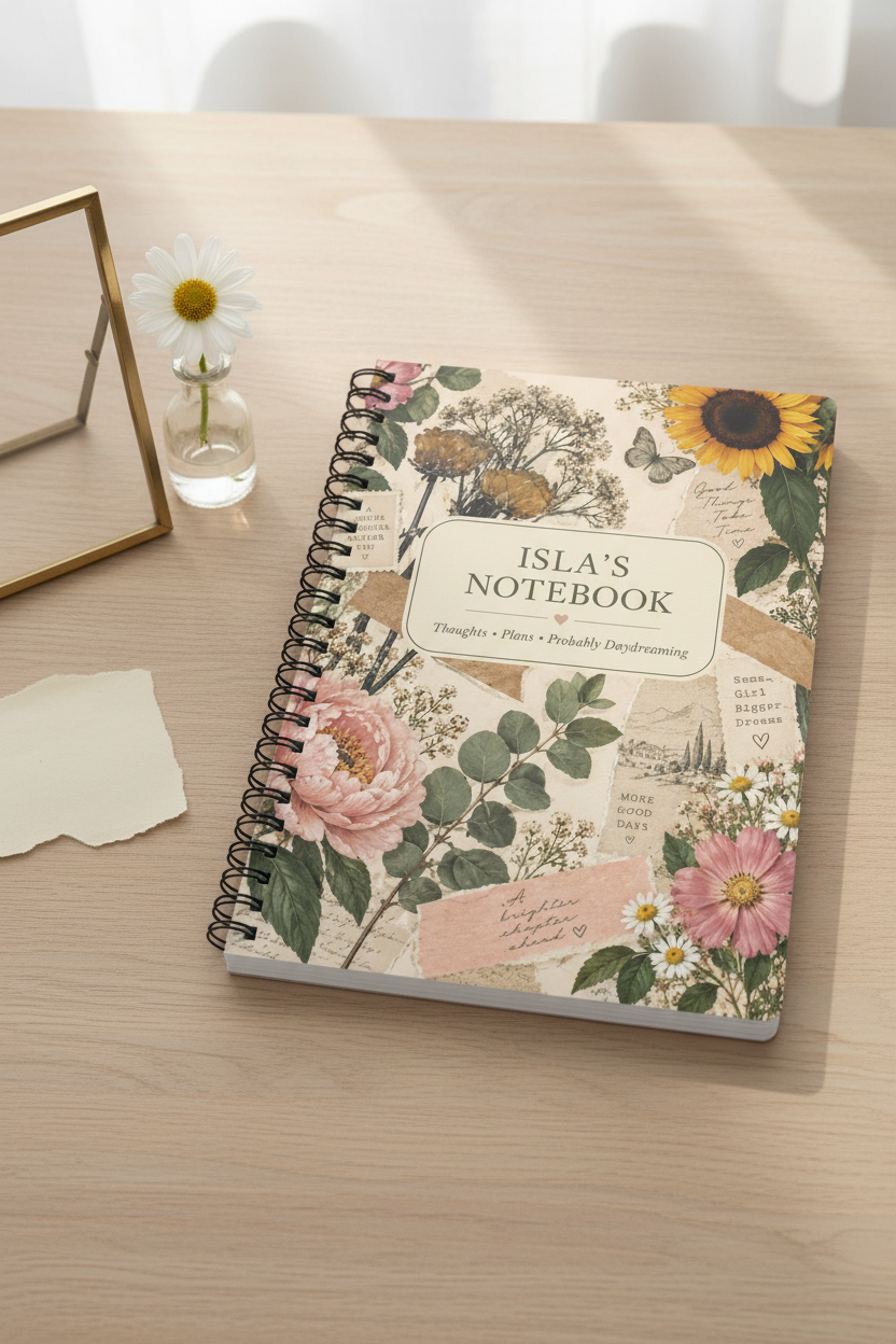 Premium mockup of the Isla notebook on an oak table