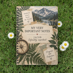Premium mockup of the Jacob notebook on grass with daisies