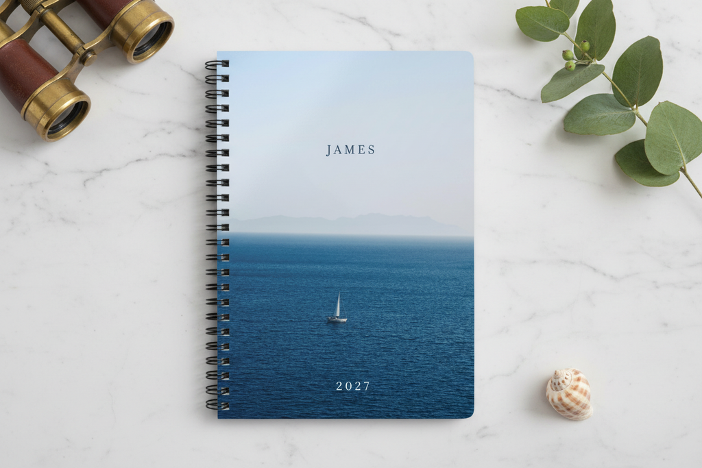 Premium mockup of the James 2027 calm sea notebook