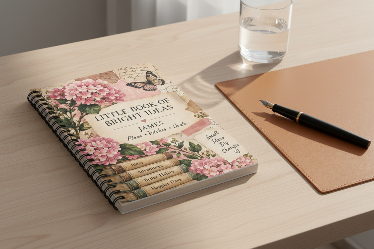 Premium mockup of the James notebook on a minimalist desk