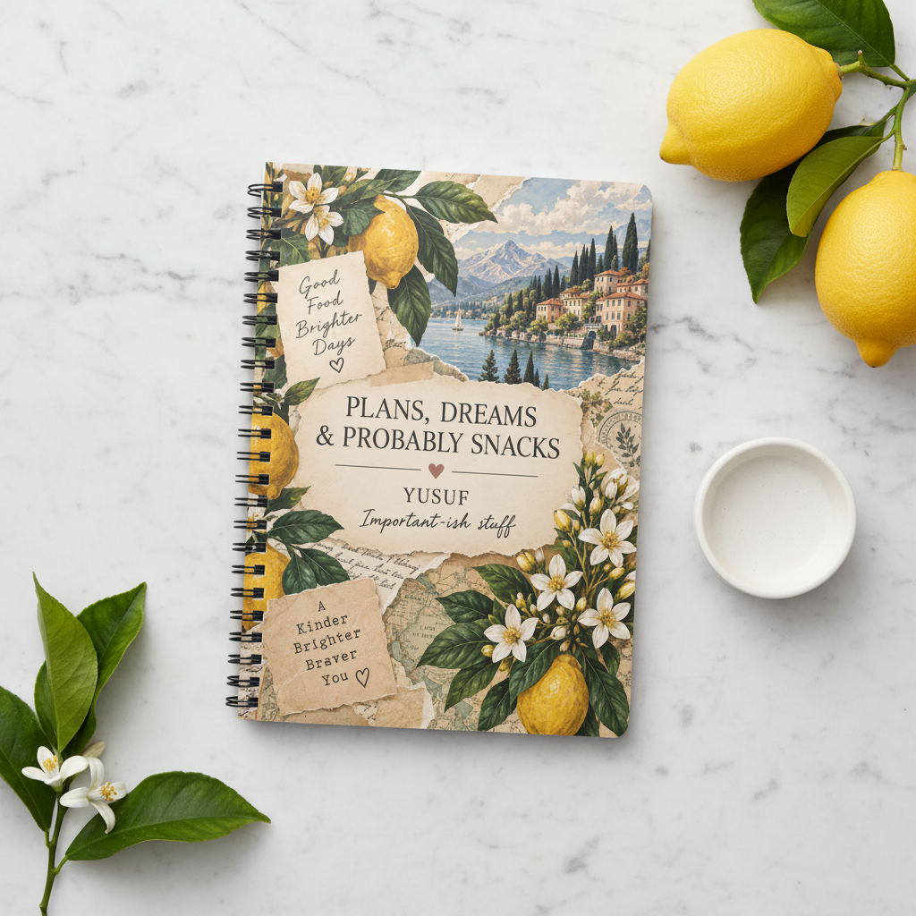 Premium mockup of the lemon notebook on marble with lemons