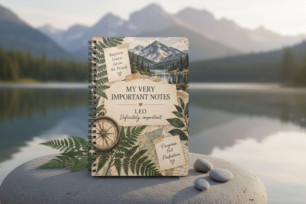 Premium mockup of the Leo notebook on a river stone by the lake