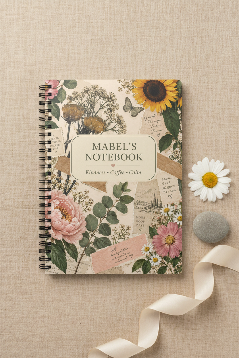 Premium mockup of the Mabel notebook on sand linen