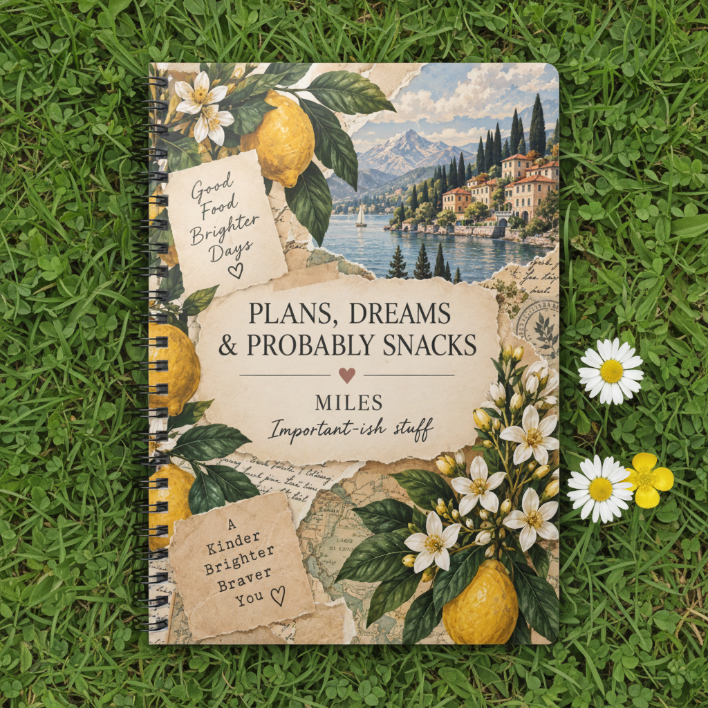 Premium mockup of the Miles notebook on grass with daisies