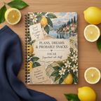 Premium mockup of the Oscar notebook on oak with navy linen
