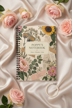 Premium mockup of the Poppy notebook on champagne silk