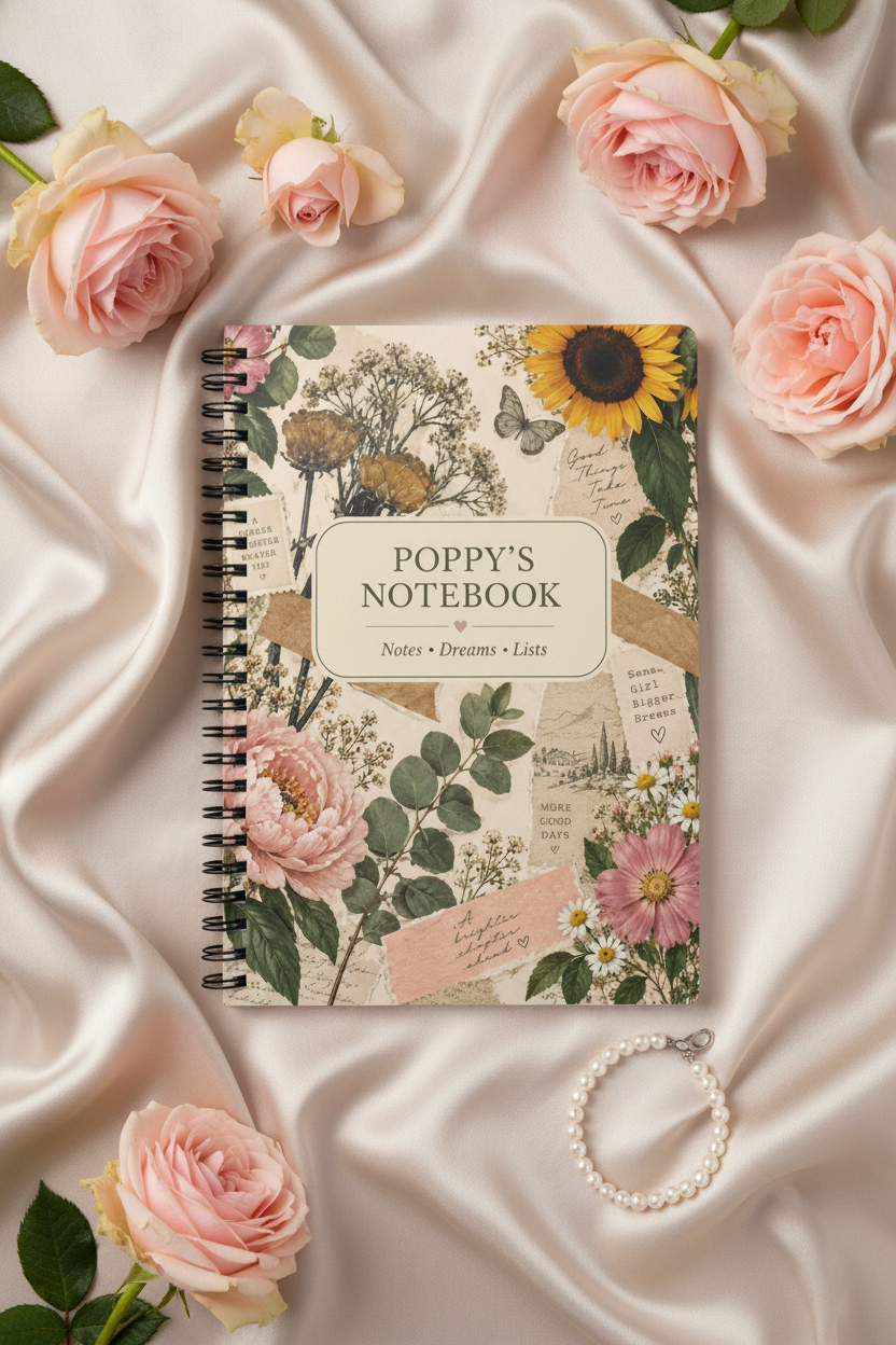 Premium mockup of the Poppy notebook on champagne silk