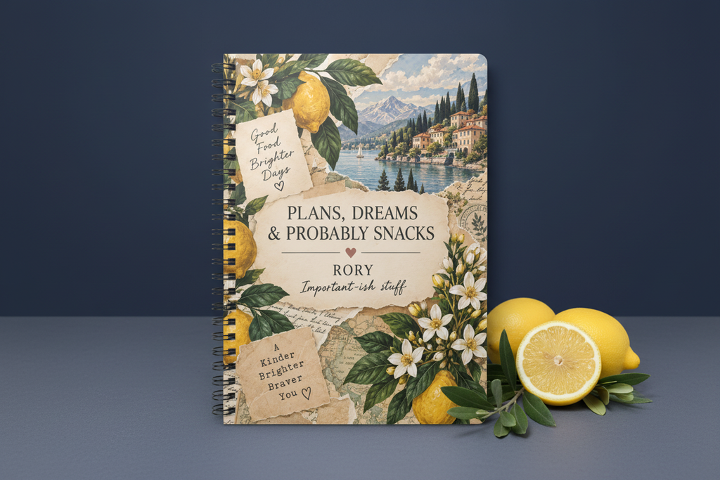 Premium mockup of the Rory notebook on a navy background