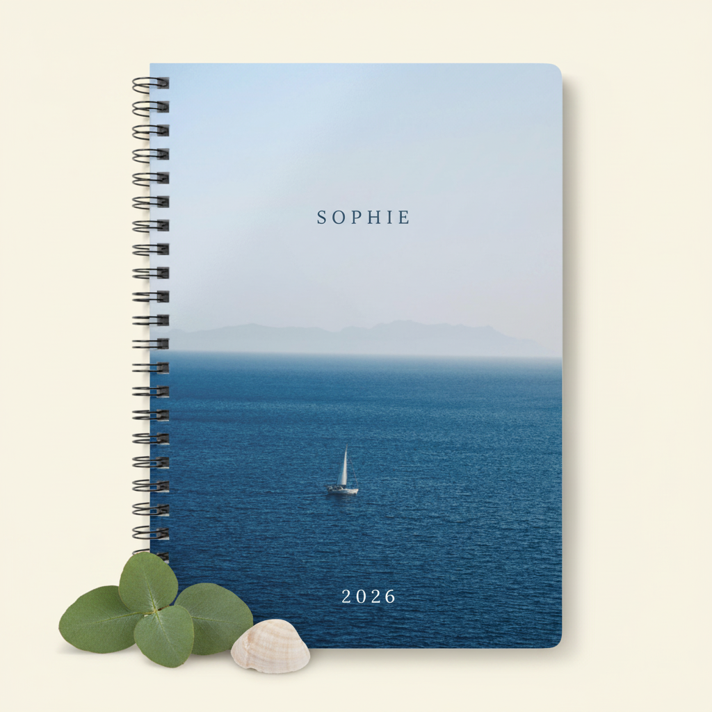 Premium mockup of the Sophie 2026 calm sea notebook