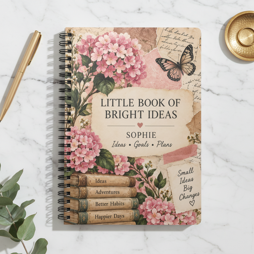 Premium mockup of the Sophie notebook on a marble desk
