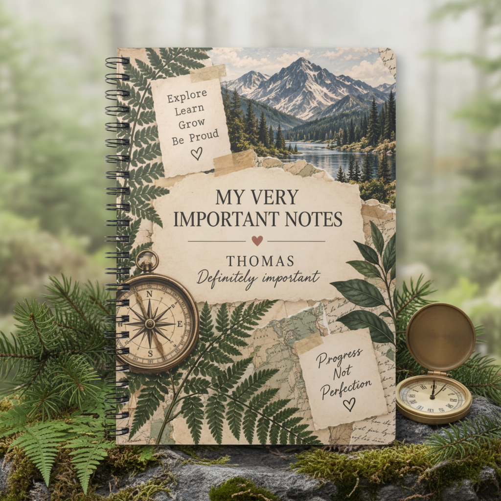Premium mockup of the Thomas notebook on a mossy forest rock