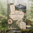 Premium mockup of the Thomas notebook on a mossy forest rock
