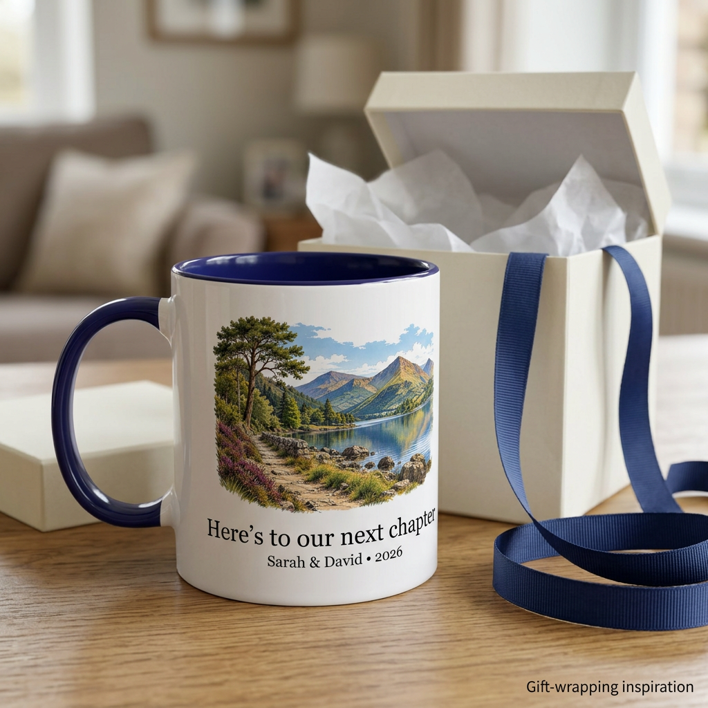 Premium personalised mug with cream gift box and navy ribbon