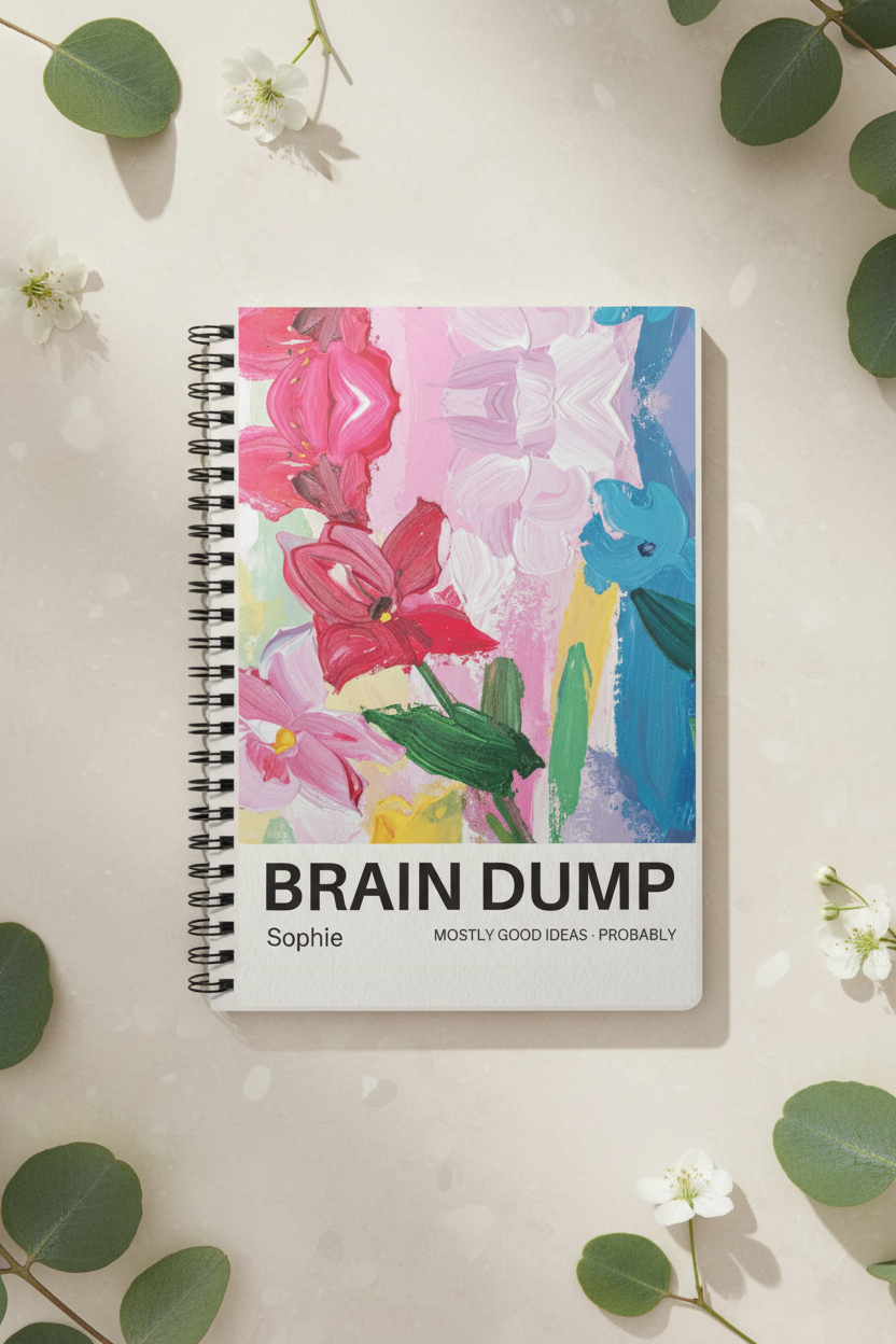 A5 spiral notebook with colorful floral front cover, shown from above with black rings