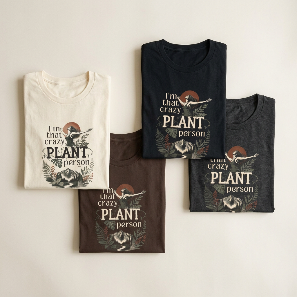 Four plant lover t-shirts in cream, black, dark brown, and dark gray heather with print