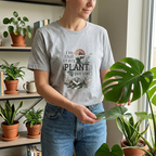 Gray heather plant lover t-shirt with 'crazy plant person' botanical graphic on model