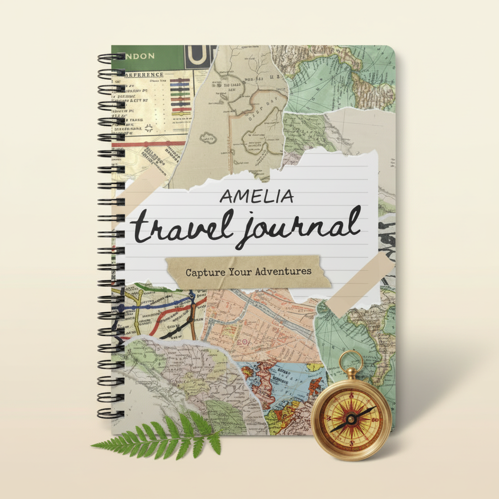 Premium zoomed mockup of the Amelia travel journal