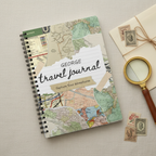 Premium zoomed mockup of the George travel journal with stamps