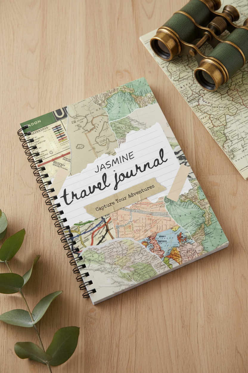Premium zoomed mockup of the Jasmine travel journal on oak