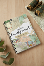 Premium zoomed mockup of the Jasmine travel journal on oak