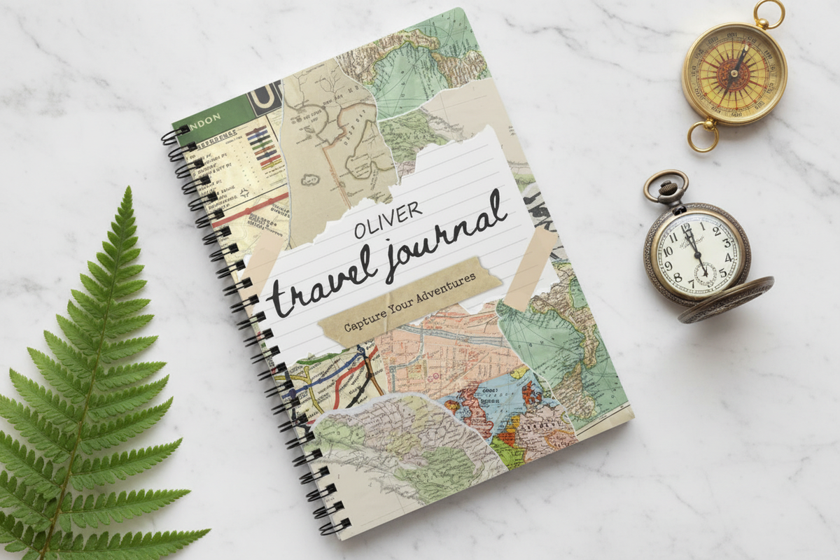Premium zoomed mockup of the Oliver travel journal on marble
