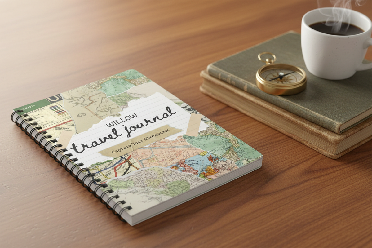 Premium zoomed mockup of the Willow travel journal on a desk