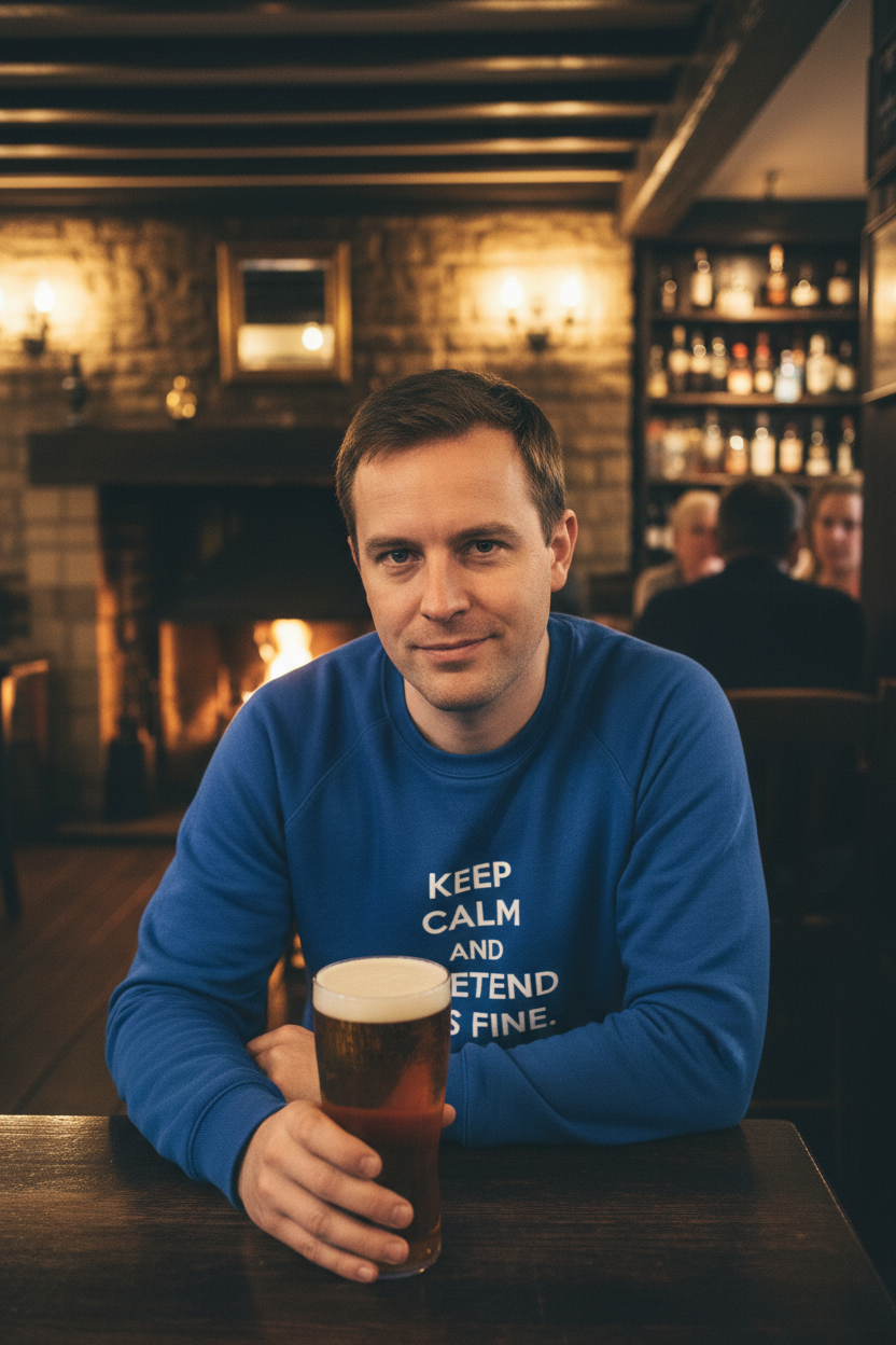 Blue sweatshirt with stacked 'KEEP CALM' quote text on the chest