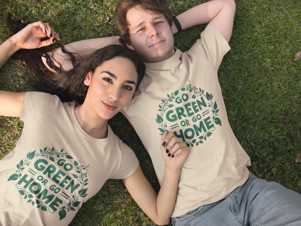 Light tan unisex T-shirt with front graphic print reading "GO GREEN OR GO HOME"