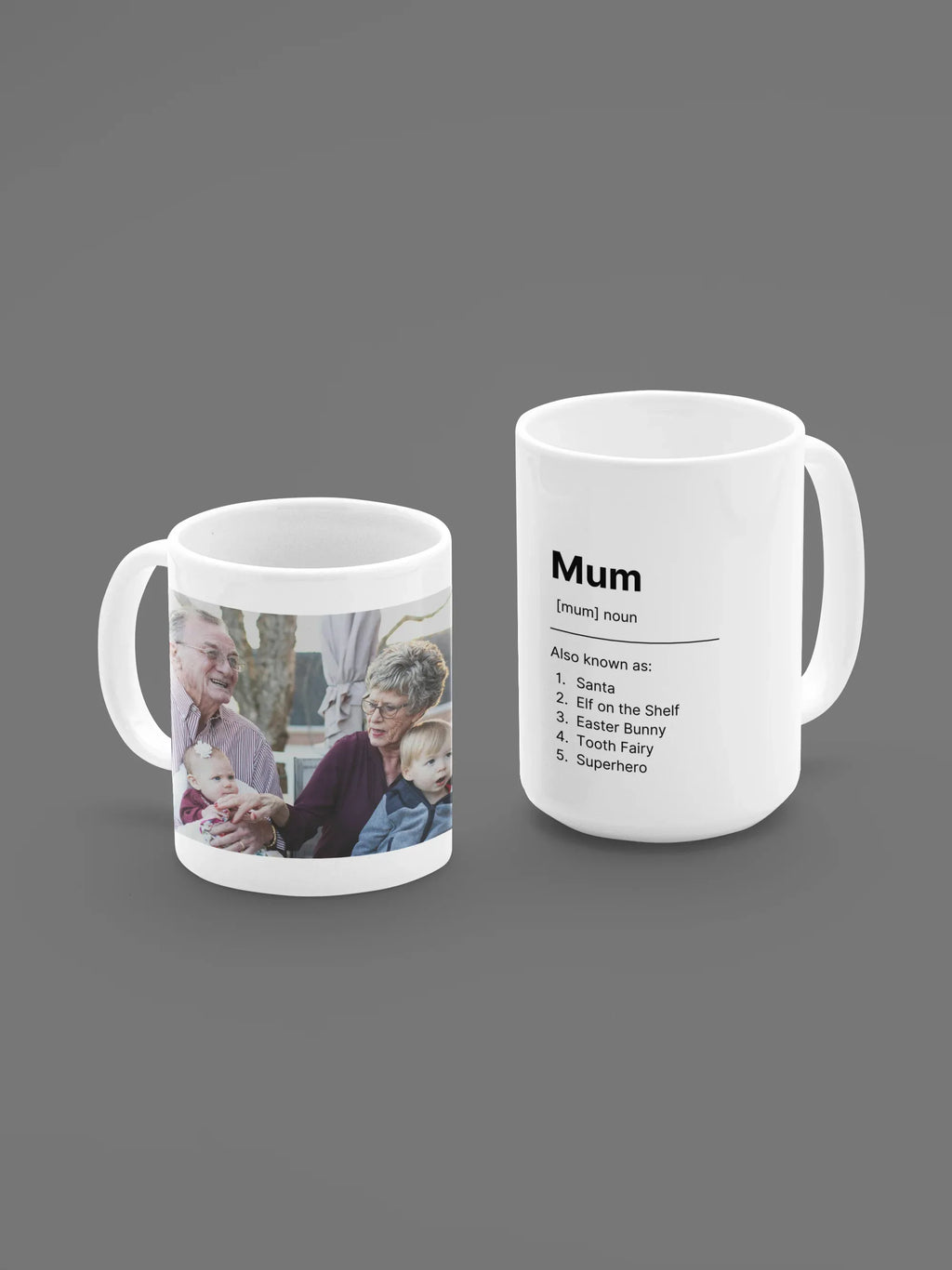 Two white ceramic mugs on gray backdrop; right mug shows “Mum” and list