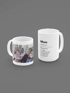 Two white ceramic mugs on gray backdrop; right mug shows “Mum” and list