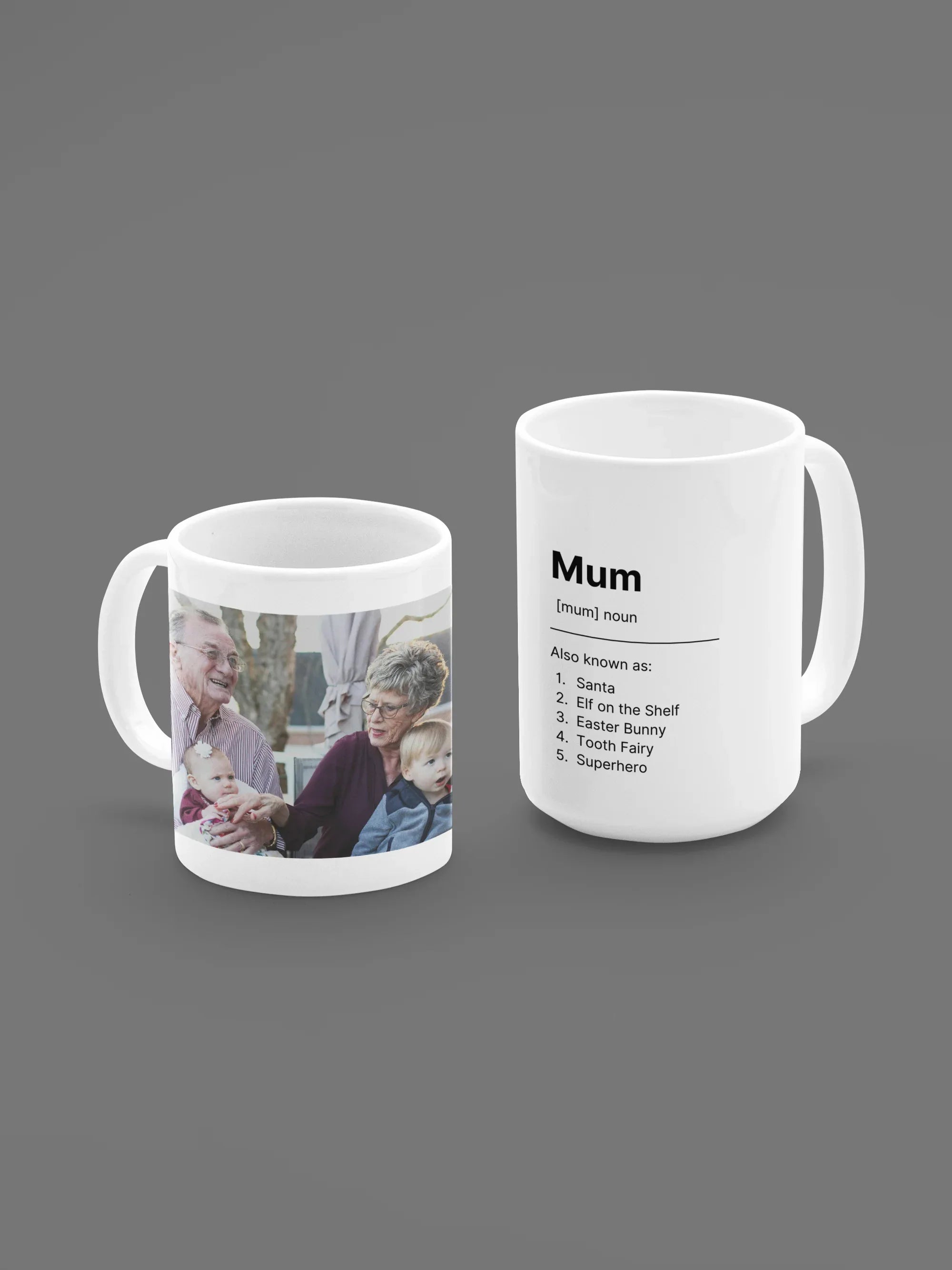 Two white ceramic mugs on gray backdrop; right mug shows “Mum” and list
