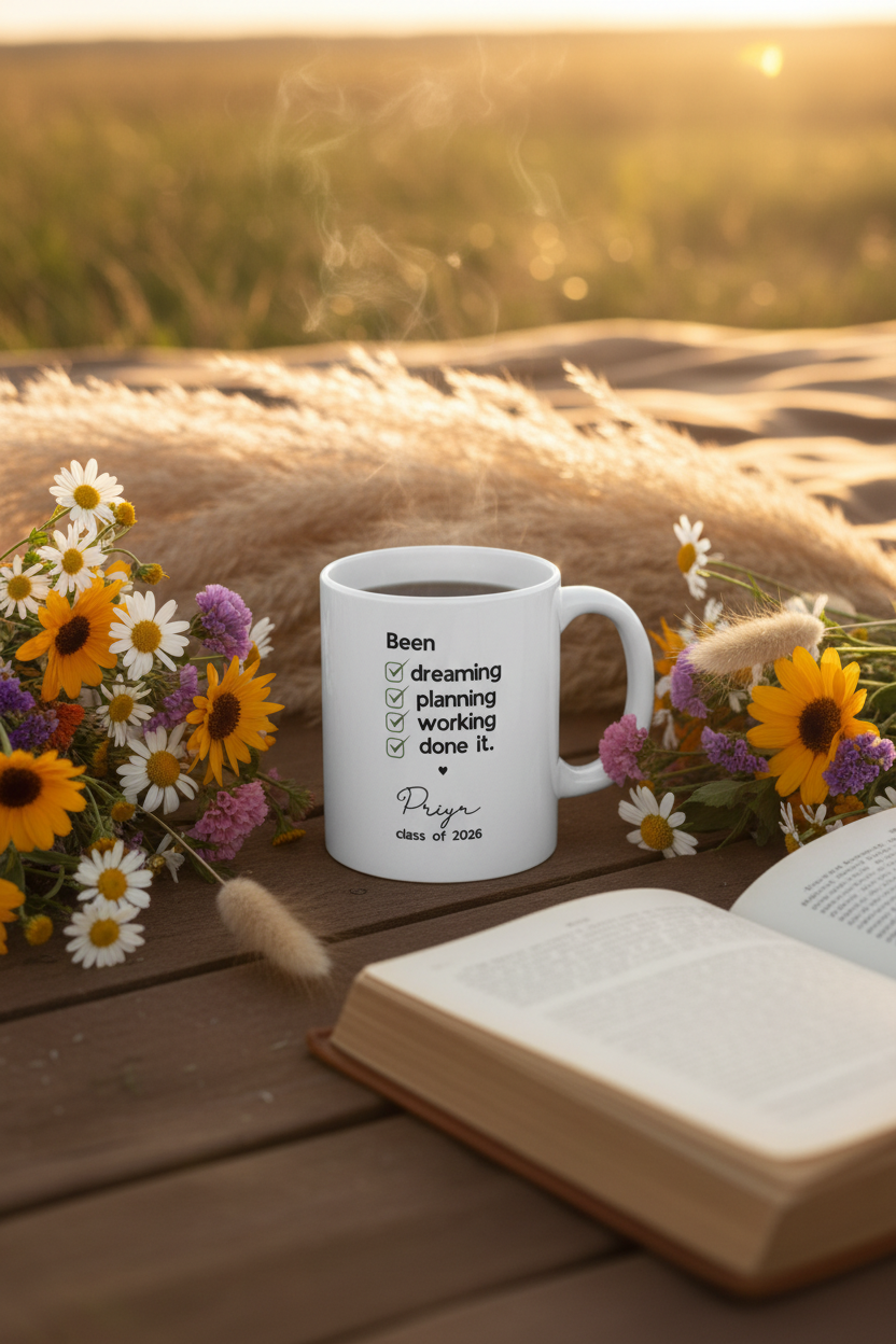 Priya — graduation mug UGC picnic mockup