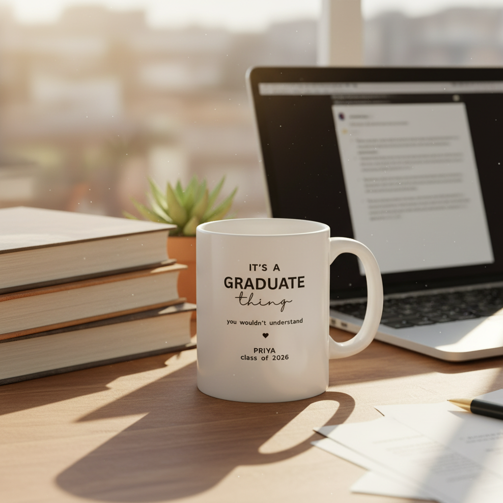 Priya — It's a Graduate Thing UGC desk mockup