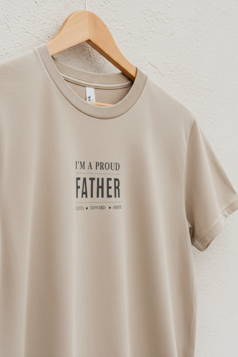 Sand beige T-shirt with "I'm a proud Father" minimalist chest text and small dotted details