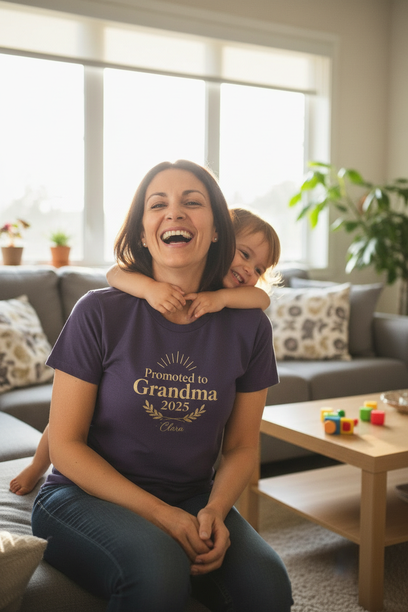 Purple personalized t-shirt with gold “Promoted to Grandma 2025” text