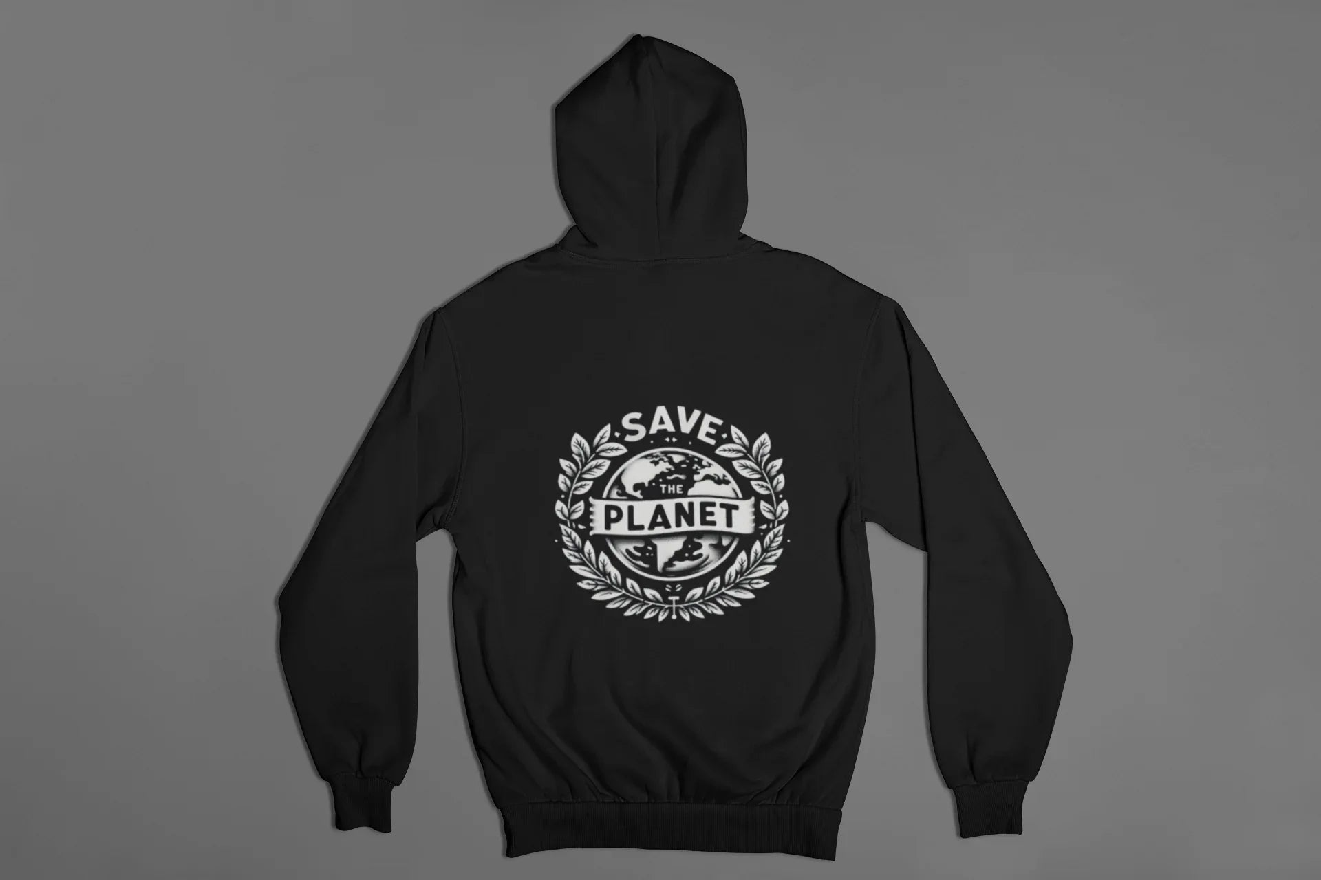 Black hooded sweatshirt with SAVE THE PLANET wreath graphic on back