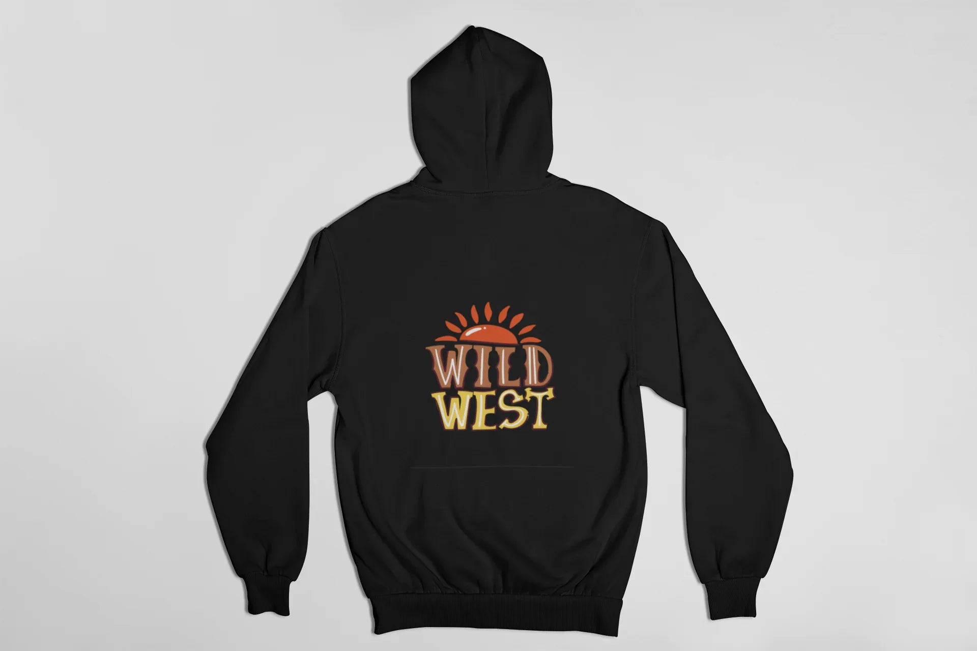 Black hoodie back view with centered Wild West emblem