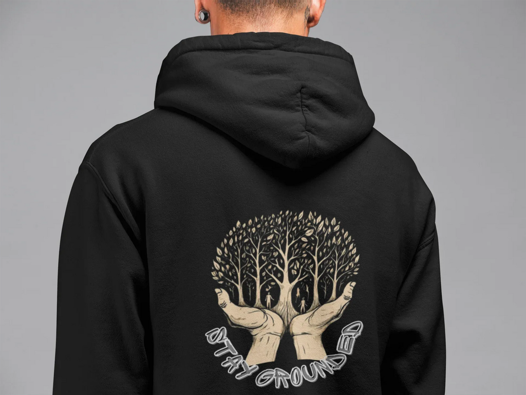 Black hoodie back view with centered tree graphic and hood