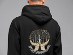 Black hoodie back view with centered tree graphic and hood