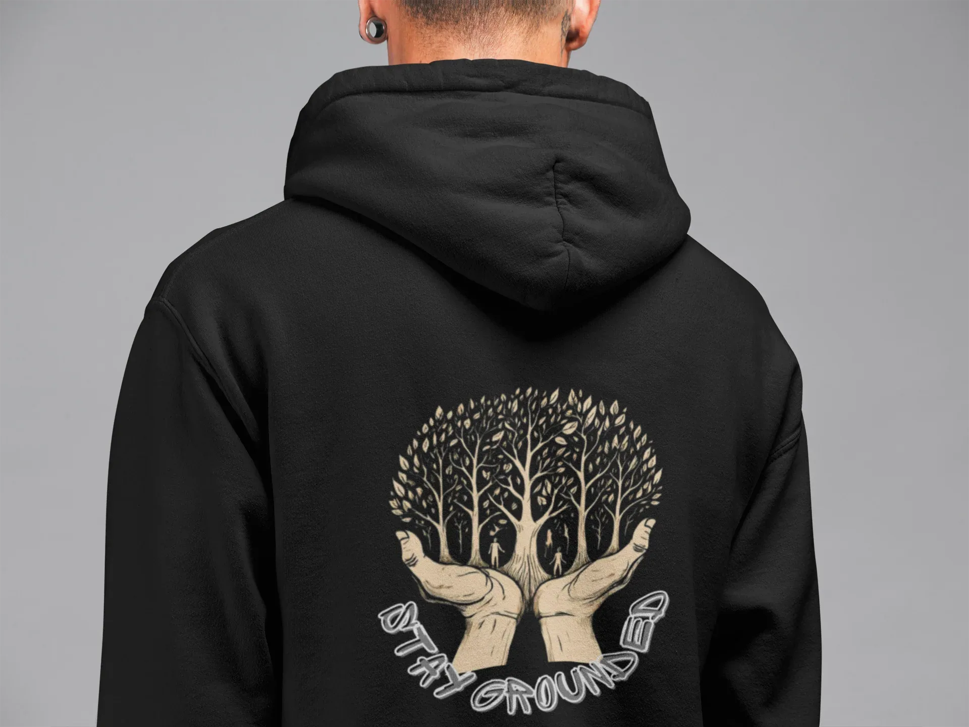 Black hoodie back view with centered tree graphic and hood