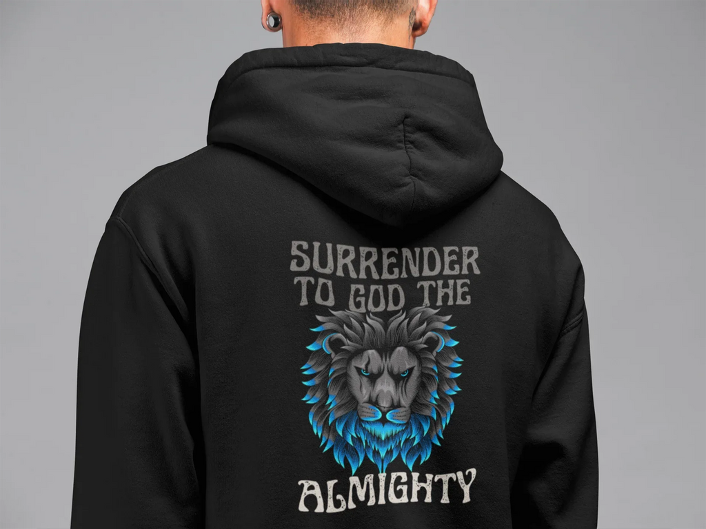 Black unisex hoodie, close-up of back lion graphic with 'Surrender to God the Almighty'