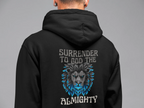 Black unisex hoodie, close-up of back lion graphic with 'Surrender to God the Almighty'