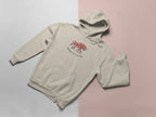 Sand beige hoodie with small heart cartoon logo and front pocket