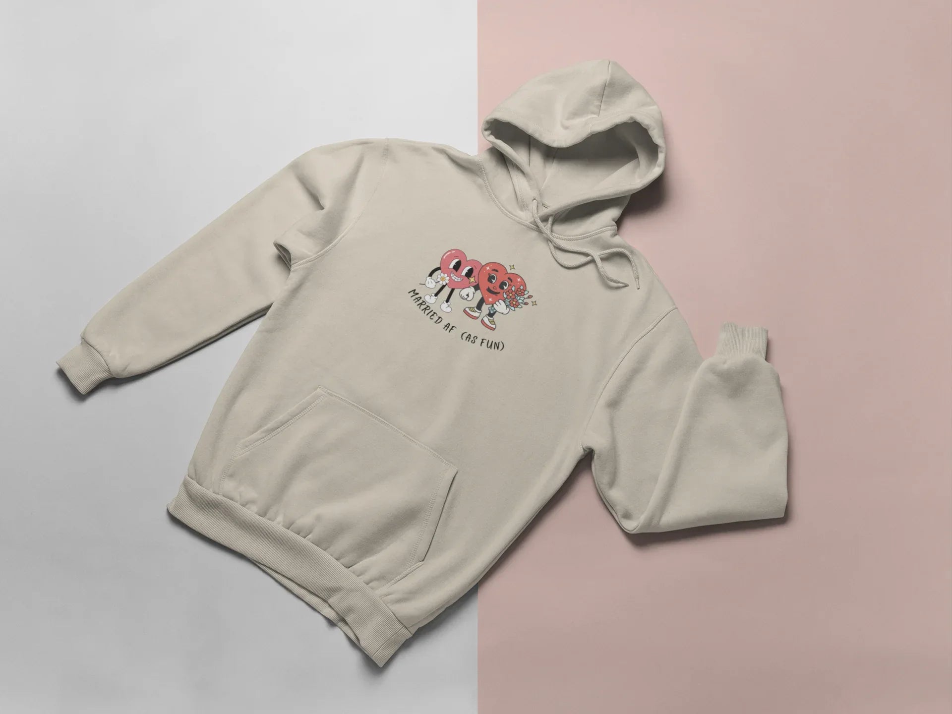 Sand beige hoodie with small heart cartoon logo and front pocket
