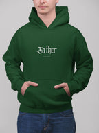 Forest green pullover hoodie with hood, front pouch pocket, chest “Father” logo