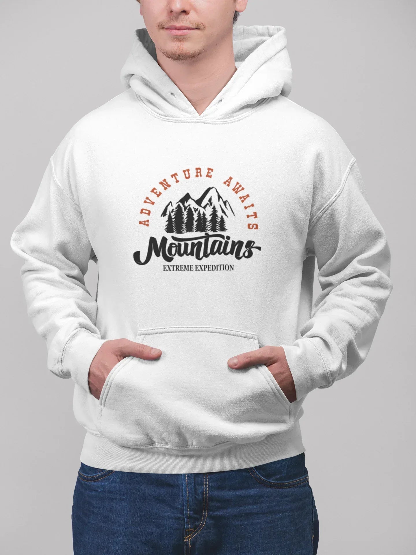 White hoodie with mountain logo and Adventure Awaits text on chest