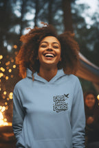 Light blue hoodie with hood and Earth Girl Energy chest logo on the front
