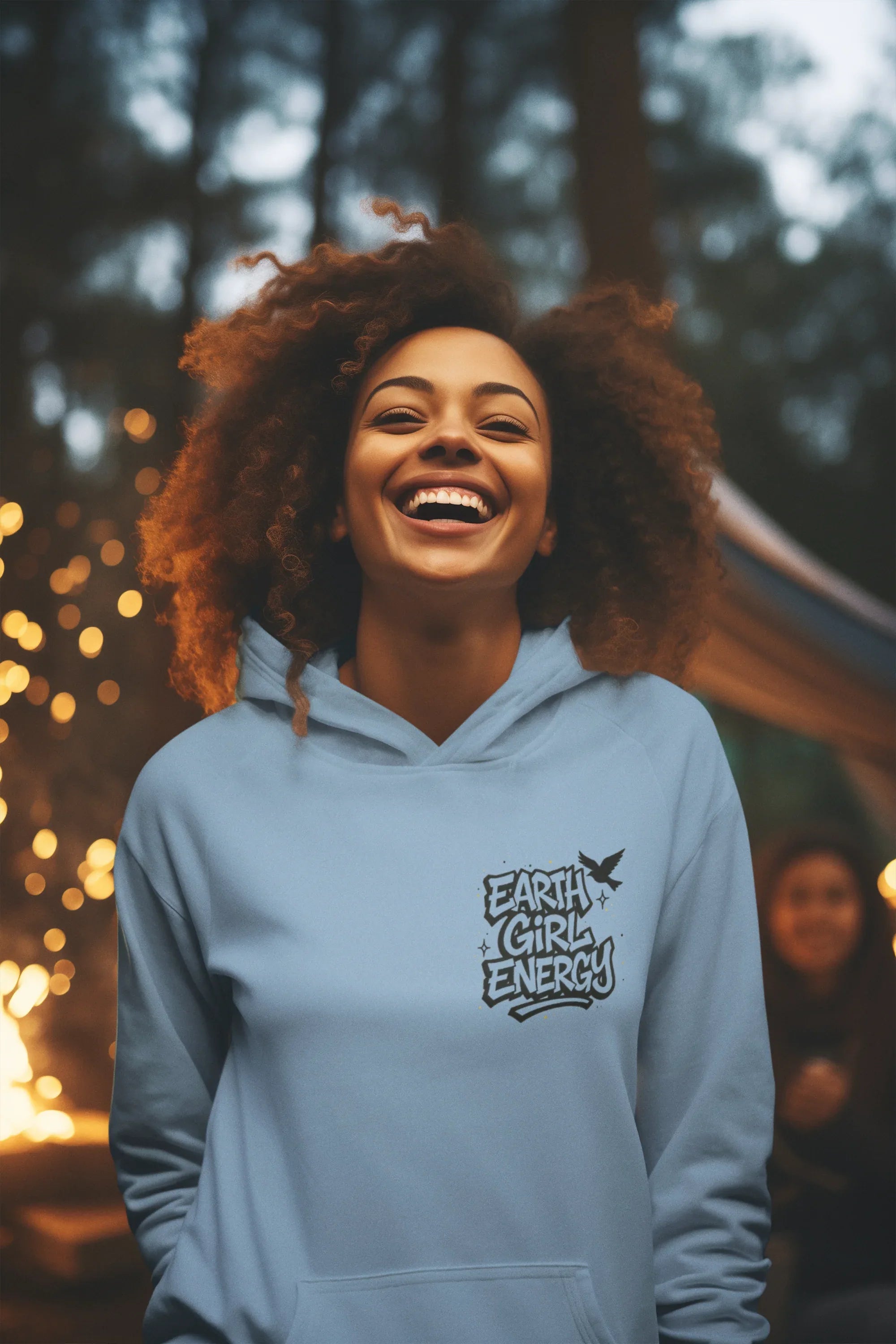 Light blue hoodie with hood and Earth Girl Energy chest logo on the front