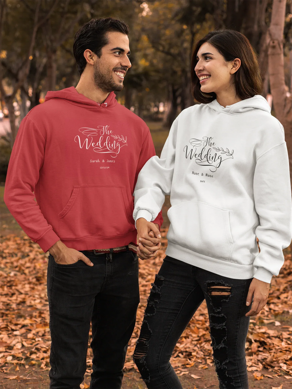 Couple's wedding day hoodie sweatshirts, red and white, with printed names